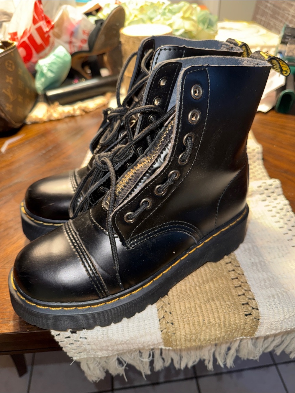 Dr. Martens Black Lace-Up Combat Boots with Yellow Stitching - Picture 5 of 10